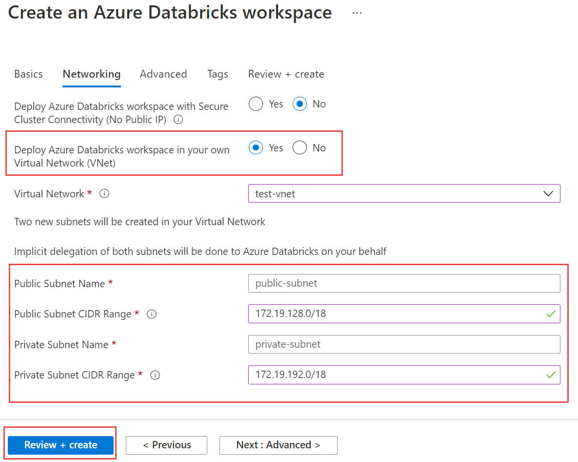 Captura de pantalla que muestra los nombres de subred públicos y privados especificados.