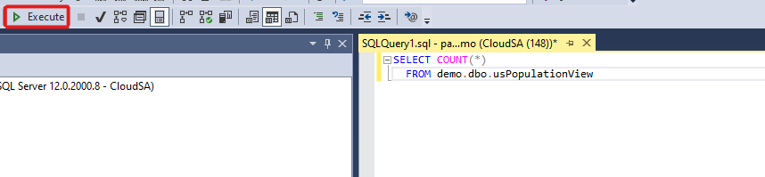 Captura de pantalla del botón Ejecutar para ejecutar la consulta para el grupo de SQL sin servidor.