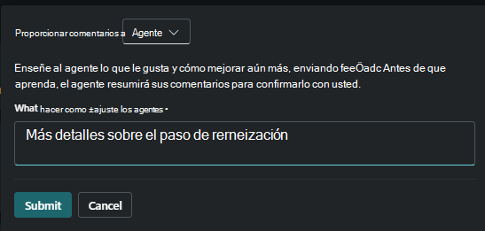 Opción de comentarios del agente