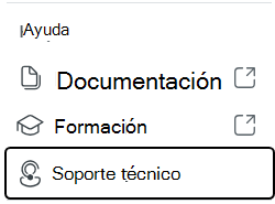 Captura de pantalla que muestra las opciones de menú del icono de ayuda, incluida la documentación, el entrenamiento y el soporte técnico.