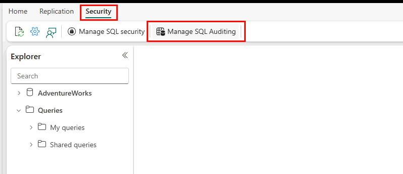 Captura de pantalla del portal de Fabric, que muestra la pestaña Seguridad y el botón Administrar auditoría de SQL.