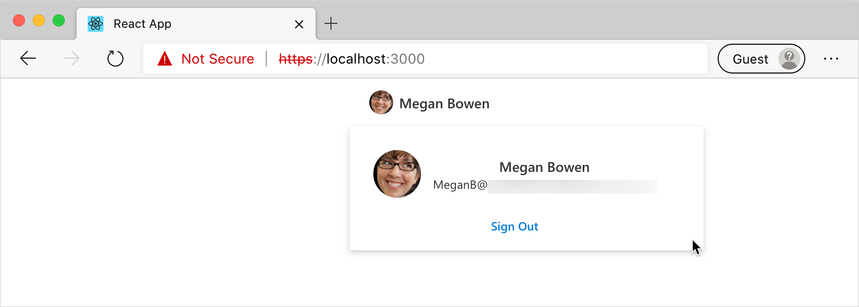 React aplicación que muestra la información de usuario recuperada de Microsoft 365 mediante Microsoft Graph Toolkit