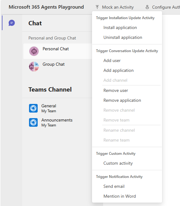 Screenshot que muestra la interfaz del área de pruebas de agentes con el menú Crear actividad simulada expandido, mostrando opciones de actividad de notificación de activador, como Enviar correo electrónico y Mencionar en Microsoft Word.