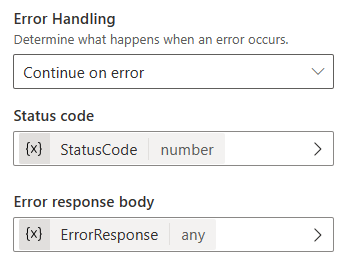 Captura de pantalla del panel 'Propiedades de solicitud HTTP' de un nodo 'Solicitud HTTP' que muestra la configuración de control de errores, para continuar con el error. Se seleccionan las variables para el código de estado y el cuerpo de la respuesta al error.
