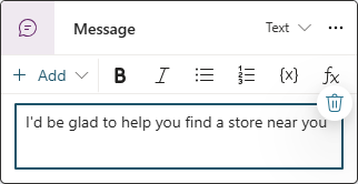 Captura de pantalla de un nodo de mensaje en el lienzo de creación de Copilot Studio.