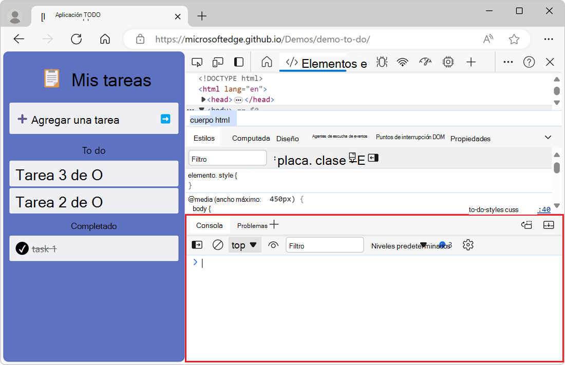La herramienta Consola de la barra de herramientas vista rápida