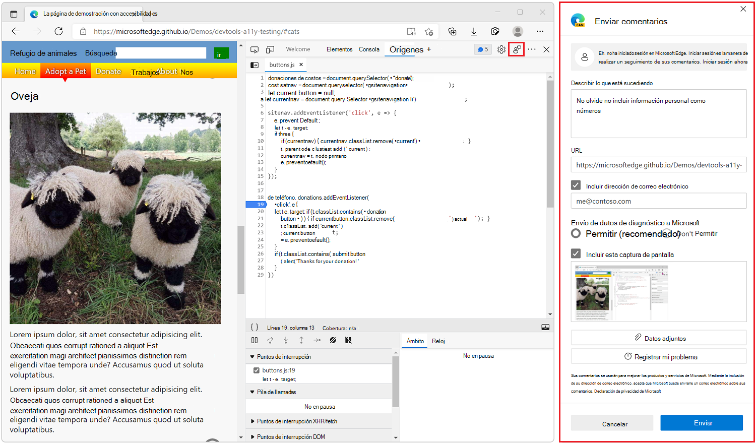El botón Enviar comentarios y la ventana Enviar comentarios en Microsoft Edge DevTools