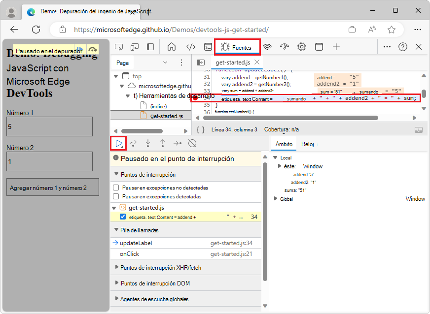 DevTools se pausa en el punto de interrupción de línea de código de la línea 34