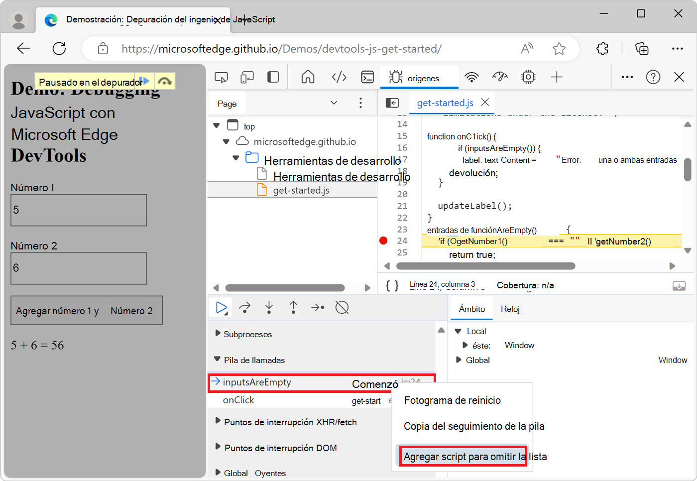 Adición de un script a la lista omitir desde el panel Pila de llamadas