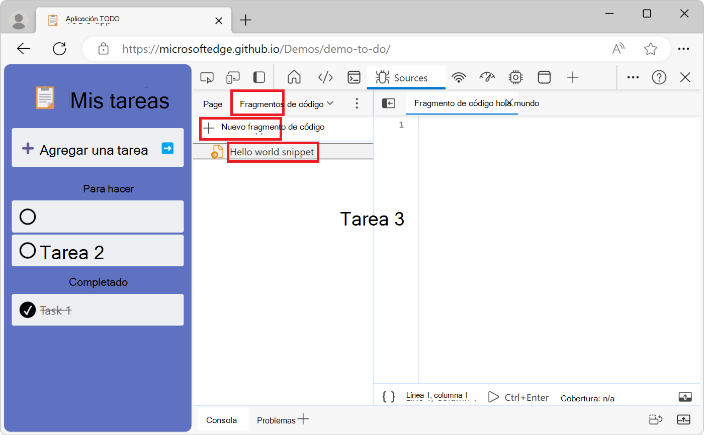 Un nuevo fragmento de código vacío en la herramienta Orígenes