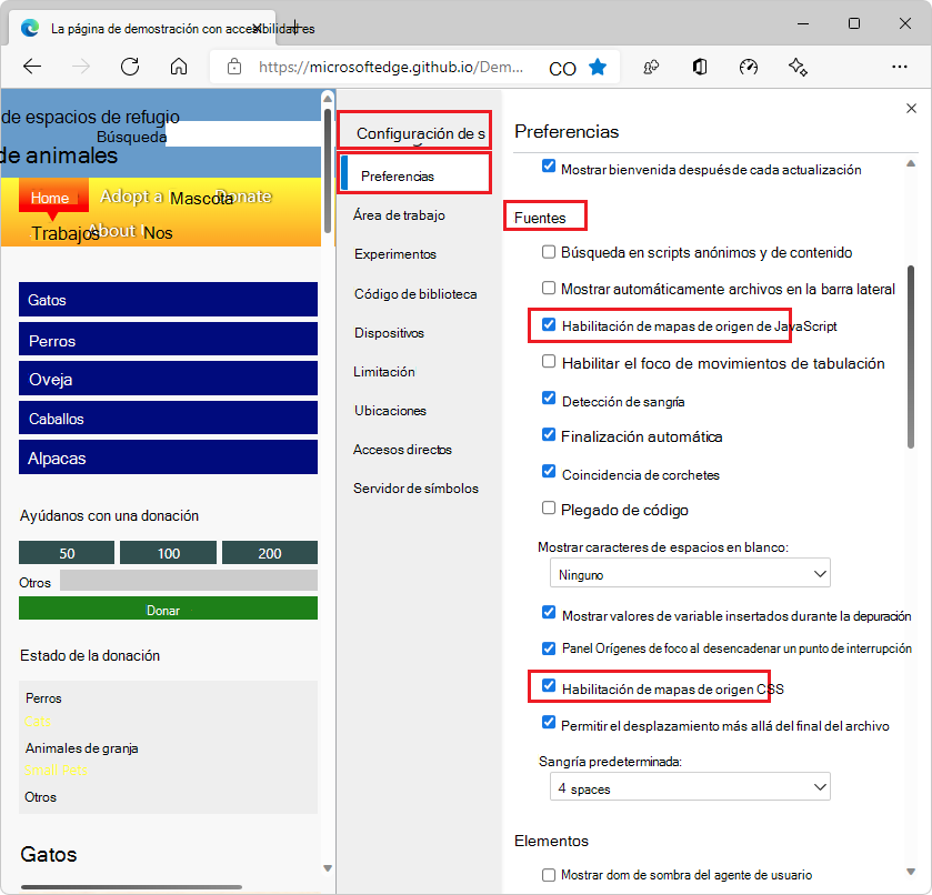 La sección Orígenes de la página Preferencias con las casillas 
