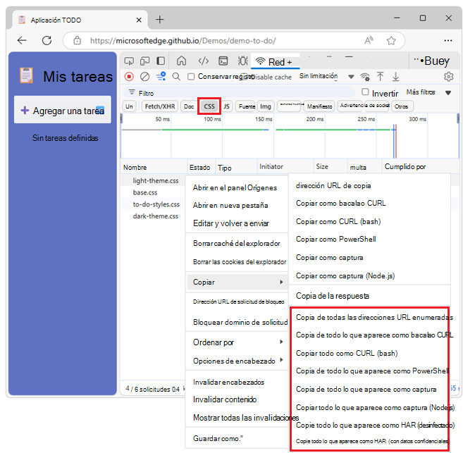 Opciones de copia para un conjunto filtrado de solicitudes