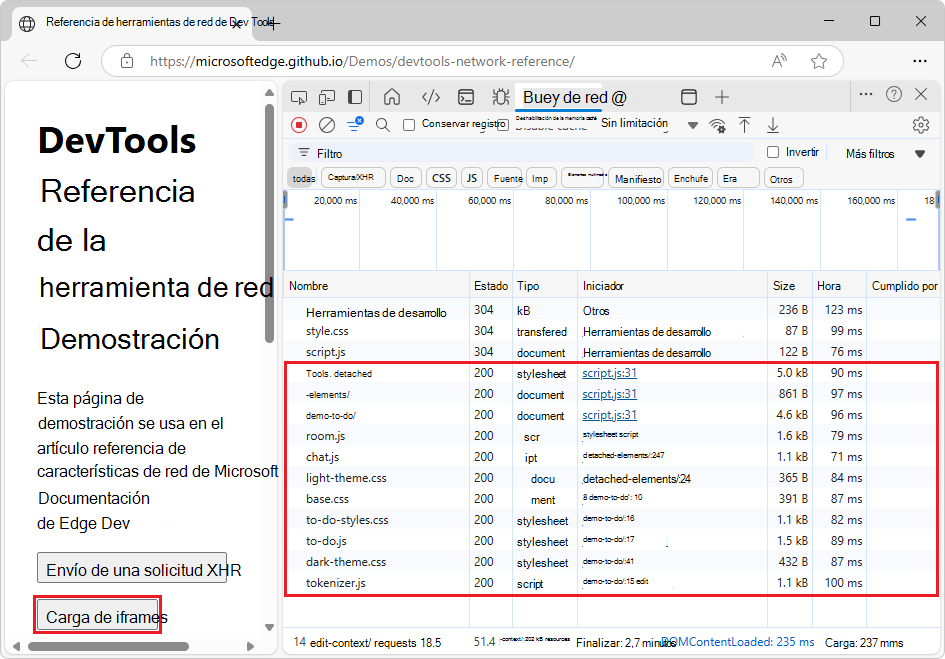Registro de solicitudes de red con solicitudes no agrupadas