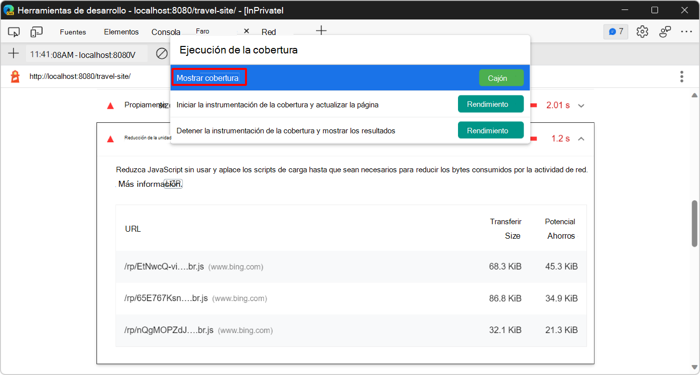Menú Comando de DevTools, que muestra el comando Mostrar cobertura