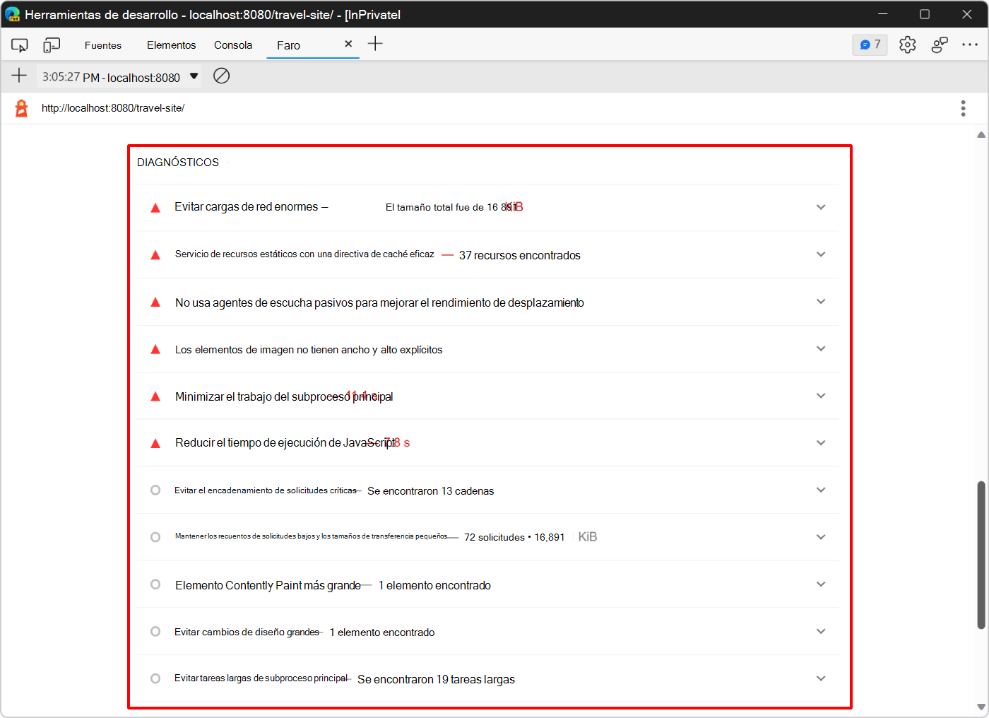 Sección Diagnósticos