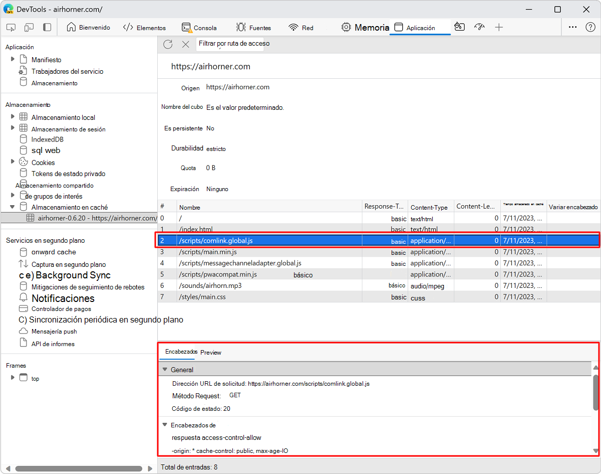 Visualización de los encabezados HTTP de un recurso