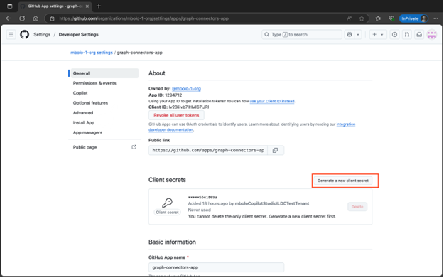 Captura de pantalla de GitHub con Generar un nuevo secreto de cliente resaltado