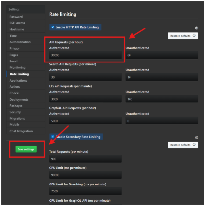 Captura de pantalla de la pestaña Limitación de velocidad en GitHub Server con las solicitudes de API y la opción Guardar configuración resaltada.