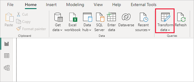 Captura de pantalla del Editor de Power Query en Power BI Desktop, en la que se muestra la selección Transformar datos.