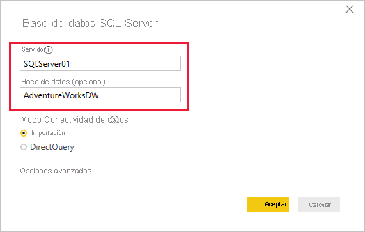 Captura de pantalla del cuadro de diálogo Base de datos de SQL Server.