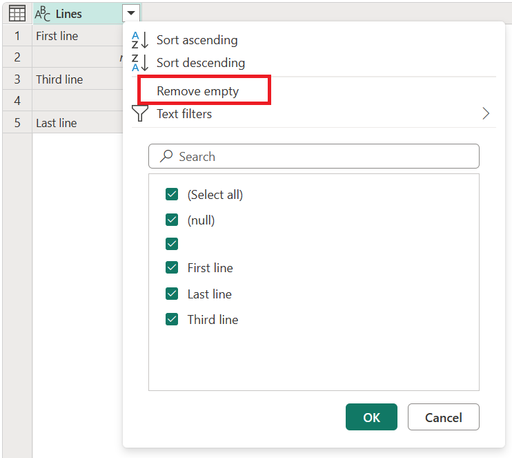 Captura de pantalla de la columna Líneas con la opción Quitar vacío resaltada.