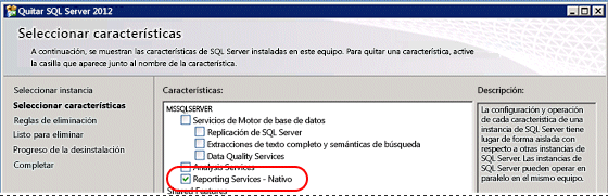 desinstalación de SQL seleccionar características para desinstalar