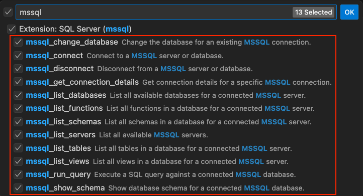Captura de pantalla de la lista de herramientas específicas de SQL que ha contribuido la extensión MSSQL en el modo agente de Copilot.