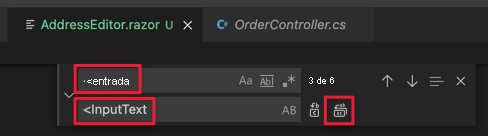 Captura de pantalla de Visual Studio Code y el cuadro de diálogo de reemplazo de texto.