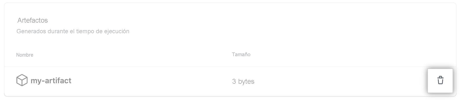 Captura de pantalla que muestra el icono de papelera para eliminar un artefacto en GitHub.