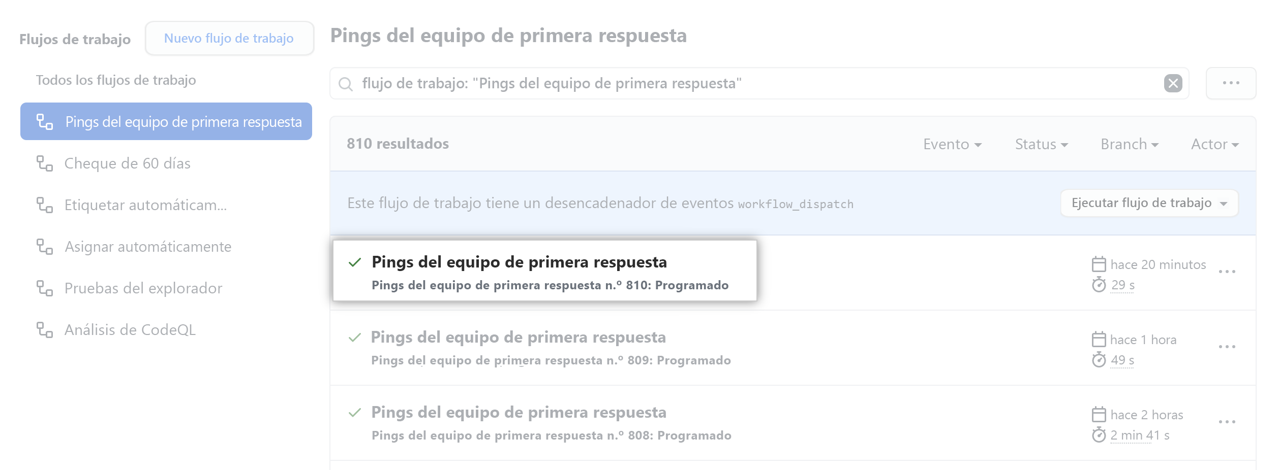 Captura de pantalla que muestra una ejecución de flujo de trabajo de ejemplo en GitHub.