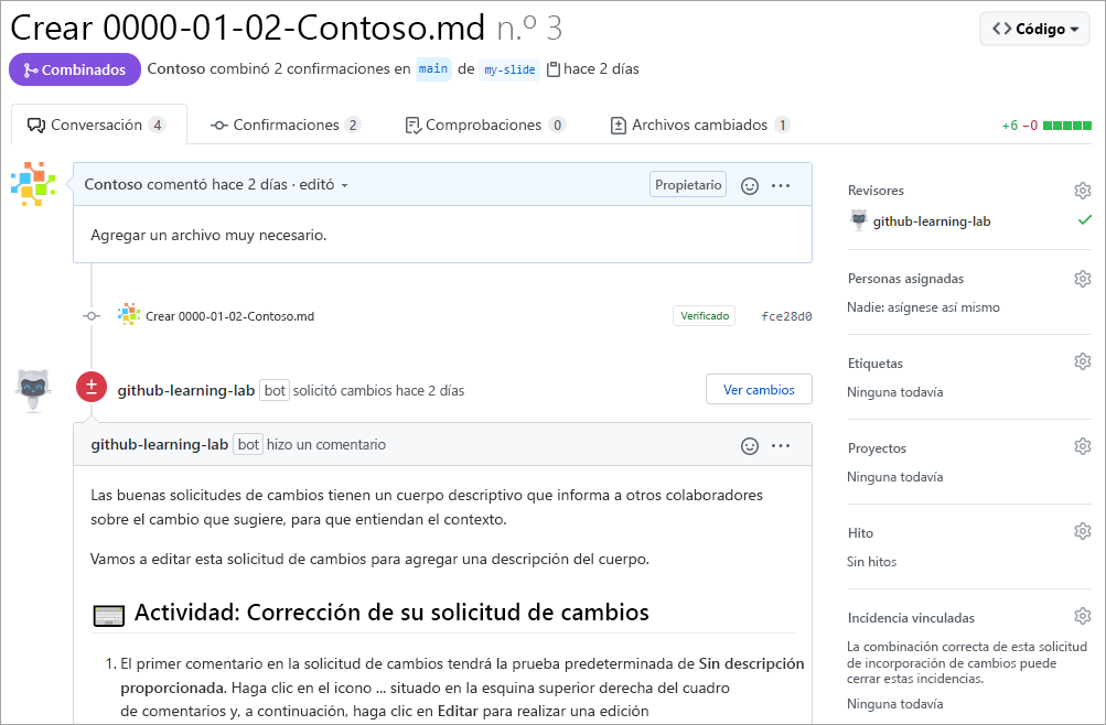 Captura de pantalla de una solicitud de incorporación de cambios y un comentario dentro de la solicitud de incorporación de cambios.