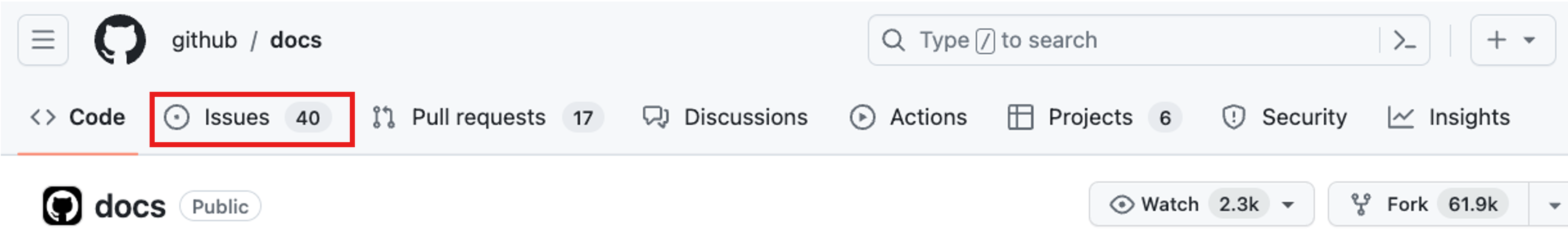 Captura de pantalla que muestra la parte superior de la página principal de un repositorio con la sección Problemas resaltada.