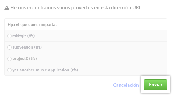 Captura de pantalla de una selección de proyectos encontrados en la misma dirección URL. importador de proyectos.