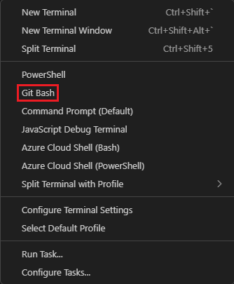 Recorte de pantalla de la ventana de terminal de Visual Studio Code, con la lista desplegable de selección del shell.