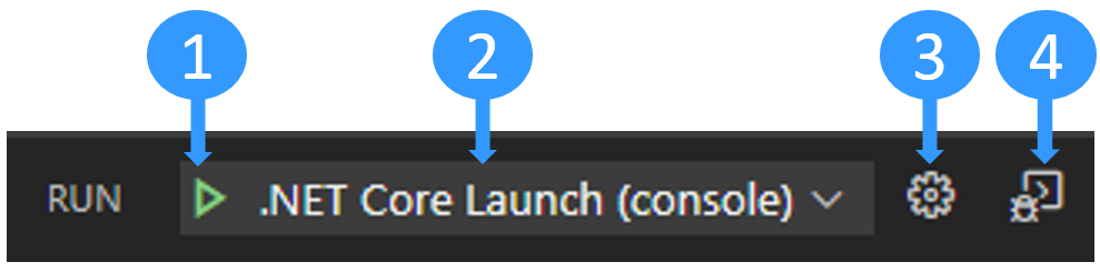 Captura de pantalla de los controles de la barra lateral de depuración de Visual Studio Code.