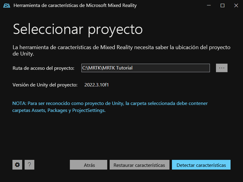 Captura de pantalla de la pantalla Ruta de acceso del proyecto de la herramienta de realidad mixta.