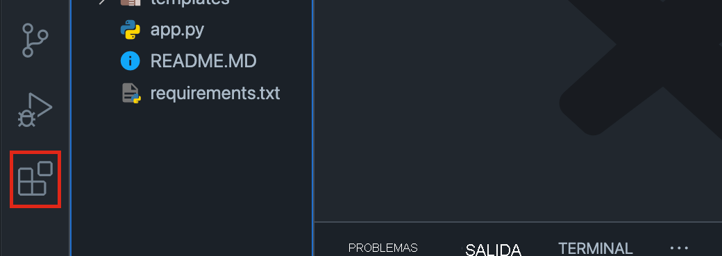 Captura de pantalla de la barra de actividades de Visual Studio Code con el icono extensión resaltado