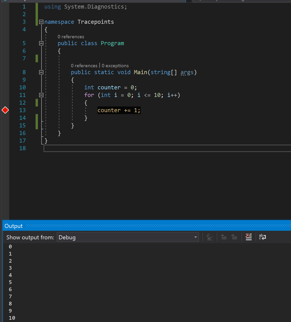 Captura de pantalla que muestra el mensaje de acciones en la ventana de salida.
