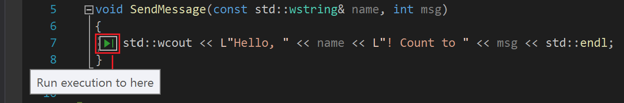 Captura de pantalla que muestra la función Ejecutar hasta clic y la información sobre herramientas de la acción en el depurador.