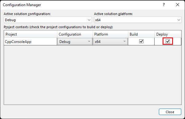 Captura de pantalla del Administrador de Configuración en el Explorador de Soluciones de Visual Studio. La configuración de Depurar está seleccionada y Desplegar está marcado.