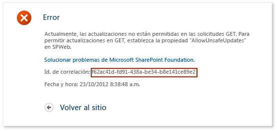 IntelliTrace: error de SharePoint: id. de correlación