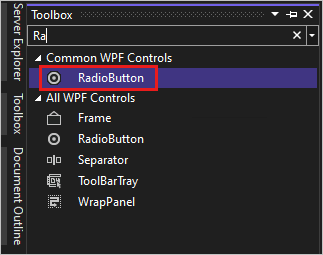 Captura de pantalla que muestra la ventana de herramientas en Visual Studio 2022 con el control RadioButton seleccionado en la lista de Controles comunes de WPF.