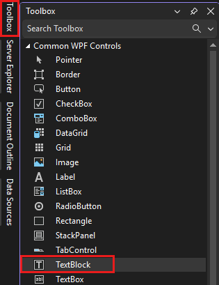 Captura de pantalla que muestra la ventana del cuadro de herramientas con el control TextBlock resaltado en la lista de controles comunes de WPF.