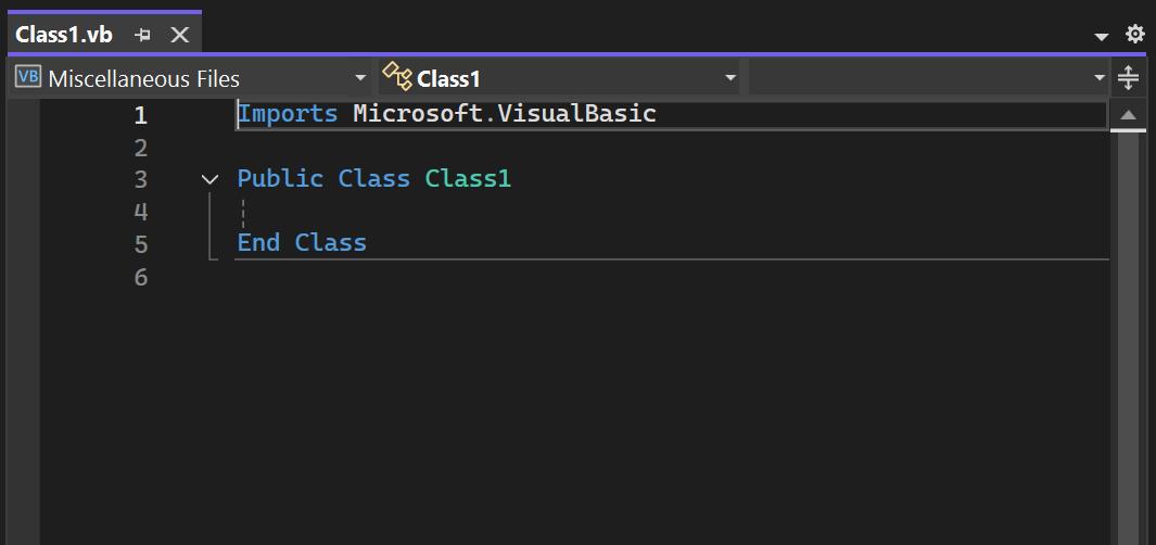 Screenshot de un nuevo archivo de clase de Visual Basic en el editor de código de Visual Studio.