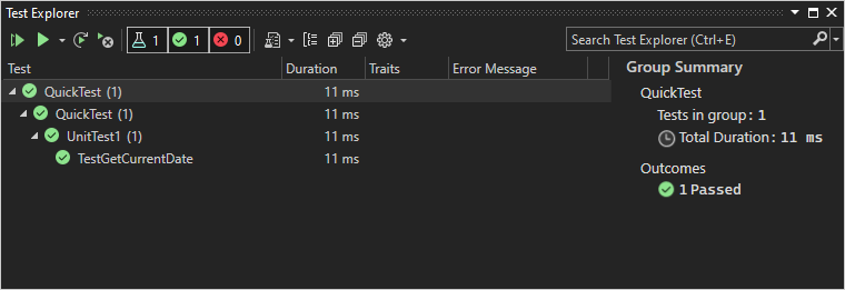 Screenshot del Explorador de pruebas en Visual Studio que muestra que se ha superado la prueba TestGetCurrentDate.