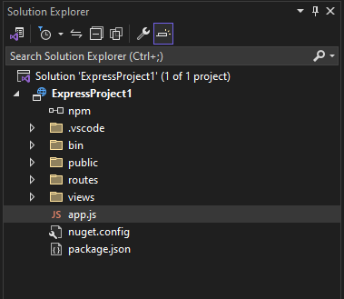 Captura de pantalla del Explorador de soluciones en Visual Studio.