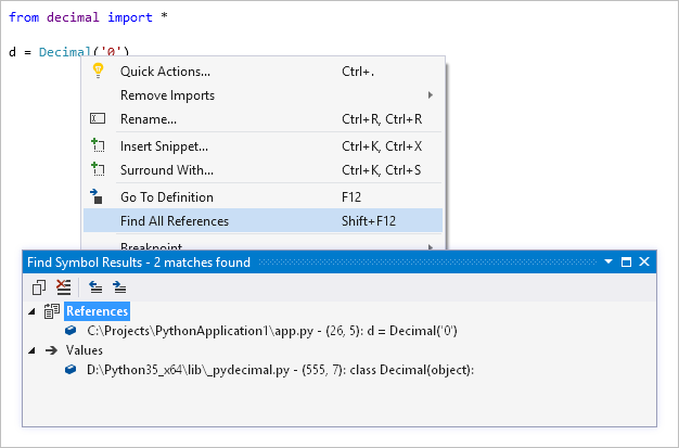 Captura de pantalla que muestra los resultados de buscar todas las referencias en Visual Studio.