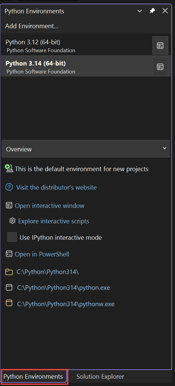 Captura de pantalla de la ventana Entornos de Python.