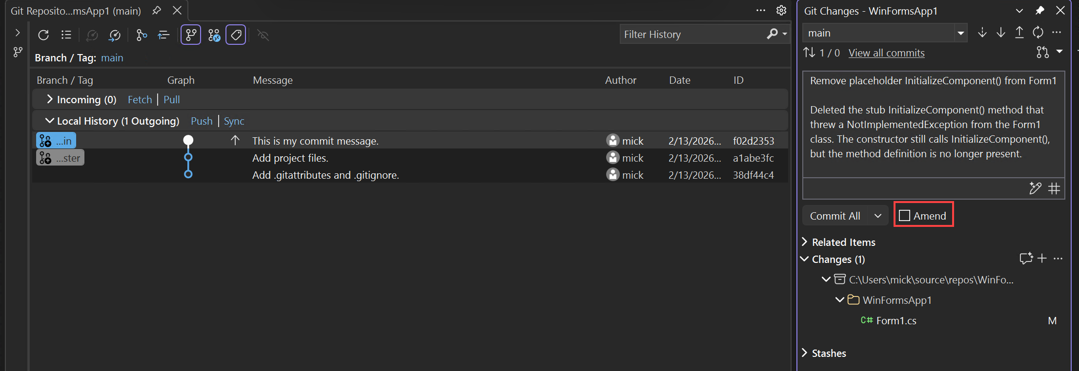 Captura de pantalla de la modificación de los cambios de código mediante la ventana Cambios de Git.