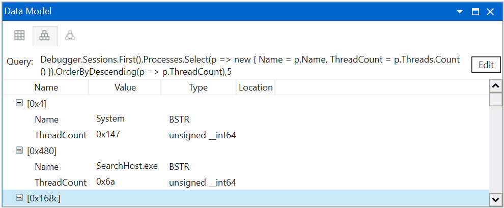 Captura de pantalla de la ventana Modelo de datos que muestra procesos y subprocesos en WinDbg.
